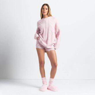 PRZYJEMNY, LEKKI, OVERSIZEROWY SWETER Z DZIANINY WARKOWEJ Z OKRĄGŁYM DEKOLTEM