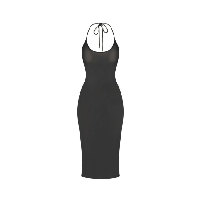 Sukienka midi typu halter z kryształkami i dzianiny z dekoltem typu halter Sukienka midi typu halter z kryształkami i dzianiny z dekoltem typu halter